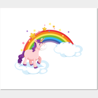 Pink Unicorn standing on cloud with rainbow Posters and Art